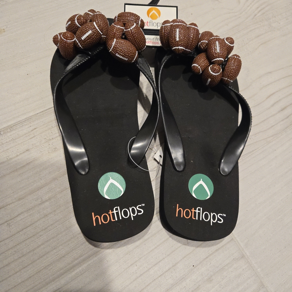 Hotflops Black Flip Flops with Brown Football Accents